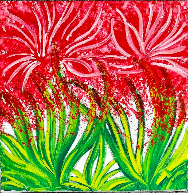 Original abstract gouache painting featuring an organic flower-like form in green, blue and yellow, expressing hope and resilience.
