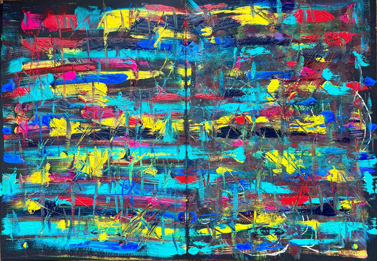 Where the Light Breaks Through – abstract mixed media diptych by Ewa Borin on black artist paper 