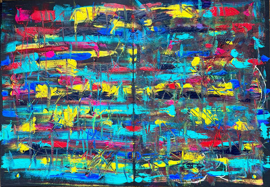 Where the Light Breaks Through – abstract mixed media diptych by Ewa Borin on black artist paper 